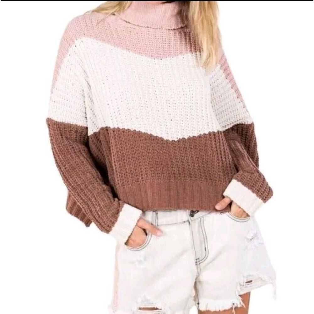 POL High Up in the Sky Knit Sweater Color Block Ivory Pink Brown Size Medium - Picture 4 of 11